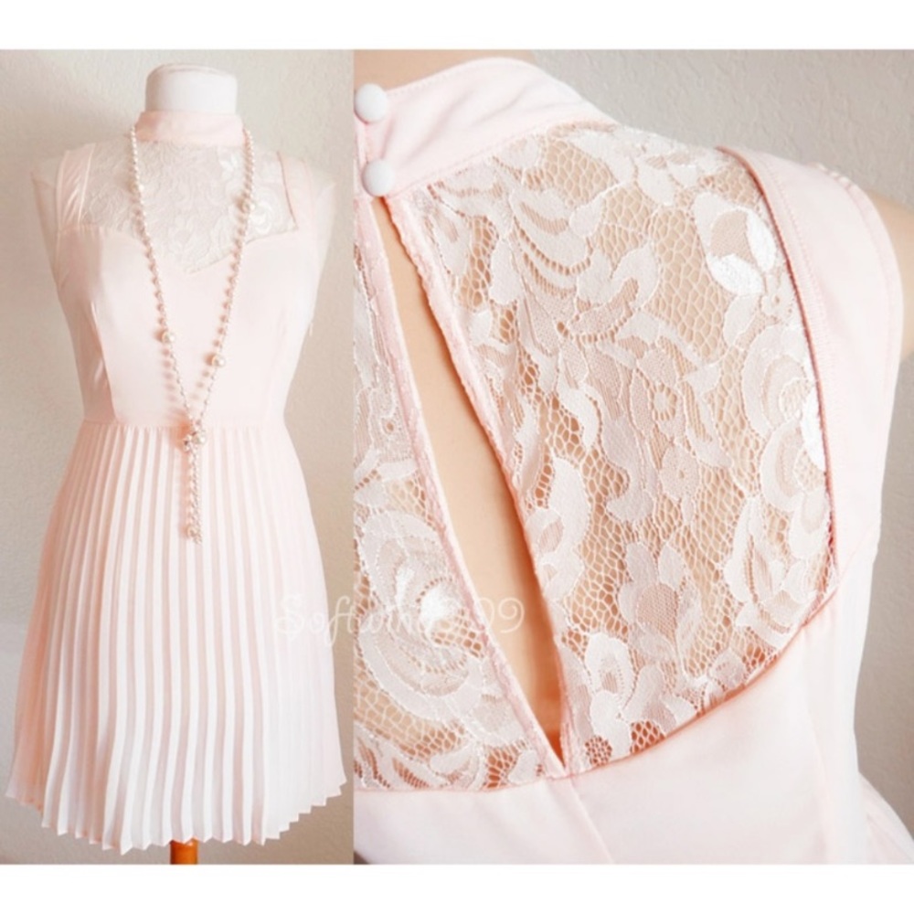 Blush Pink pleated Skirt with lace Dress